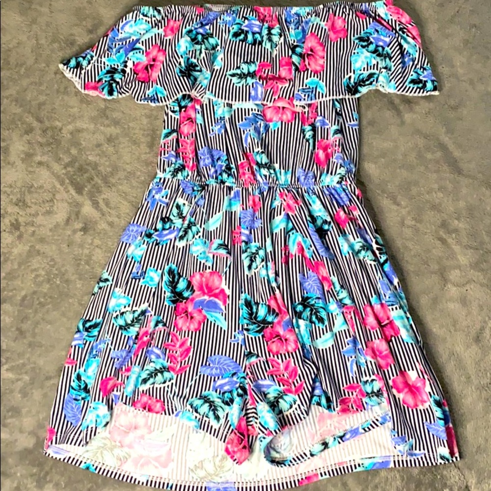 Over The Shoulder Striped Floral Romper